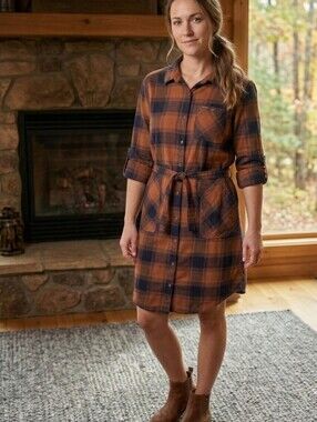 Columbia Plaid Flannel Button Down Shirt Dress Removable Belt Orange​ Navy XL